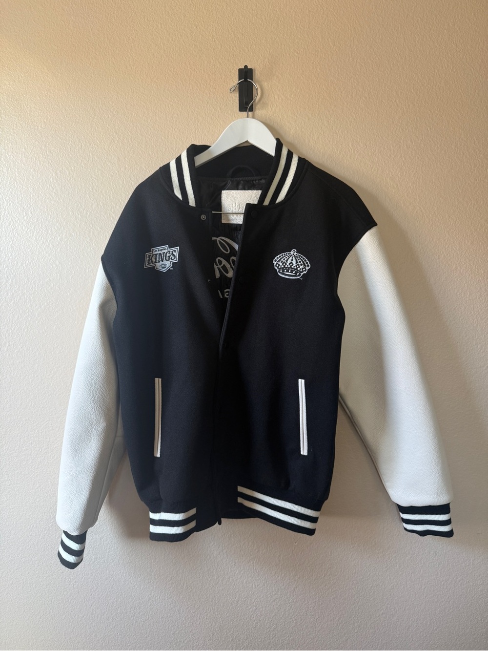 LA KINGS hockey Black and White Varsity Jacket with Crown Patch